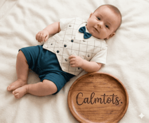 Calmtots Premium Half Sleeve Jacket Romper – Elegant Bow Style Baby Outfit (0–9 Months)