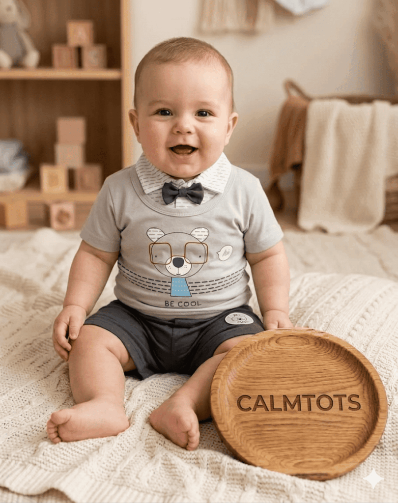 Calmtots Premium Half Sleeve Baby Romper – “Be Cool” Bear Print Outfit with Bow Style (0–24 Months)