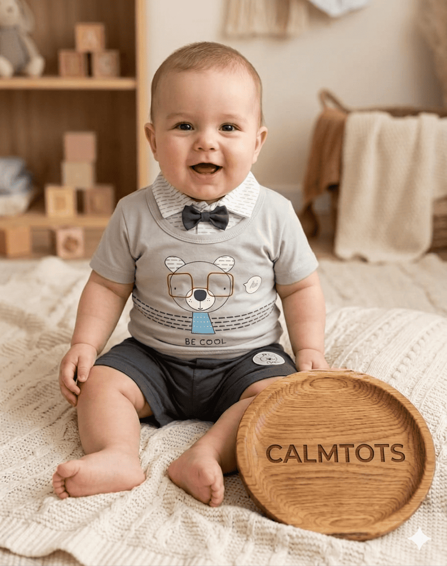 Calmtots Premium Half Sleeve Baby Romper – “Be Cool” Bear Print Outfit with Bow Style (0–24 Months)