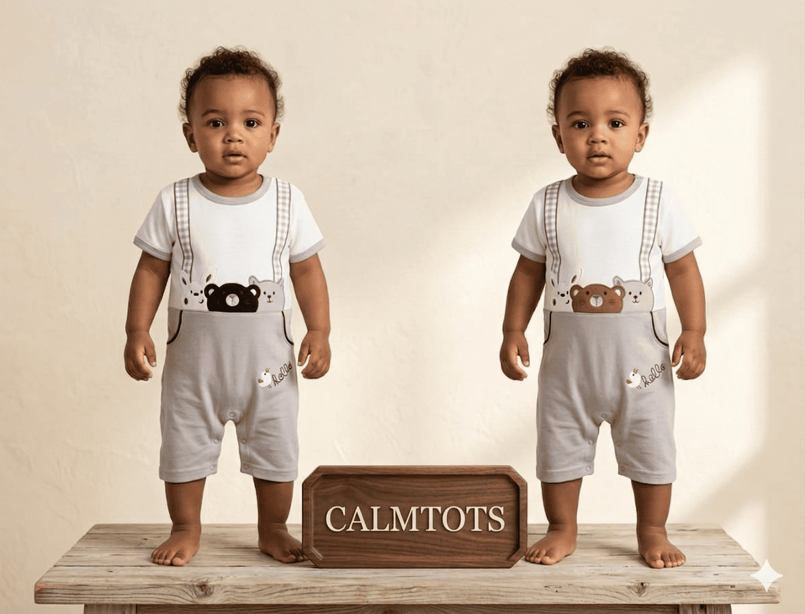 Calmtots Premium Half Sleeve Cartoon Strap Romper – Cute Bear Edition Baby Outfit (0–24 Months)