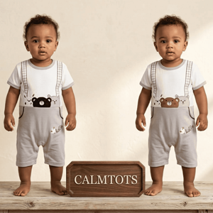 Calmtots Premium Half Sleeve Cartoon Strap Romper – Cute Bear Edition Baby Outfit (0–24 Months)