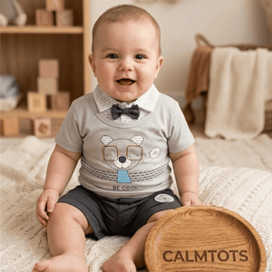 Calmtots Premium Half Sleeve Baby Romper – “Be Cool” Bear Print Outfit with Bow Style (0–24 Months)