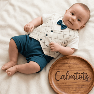 Calmtots Premium Half Sleeve Jacket Romper – Elegant Bow Style Baby Outfit (0–9 Months)
